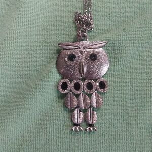 vintage big owl with black and clear bling with feet necklace